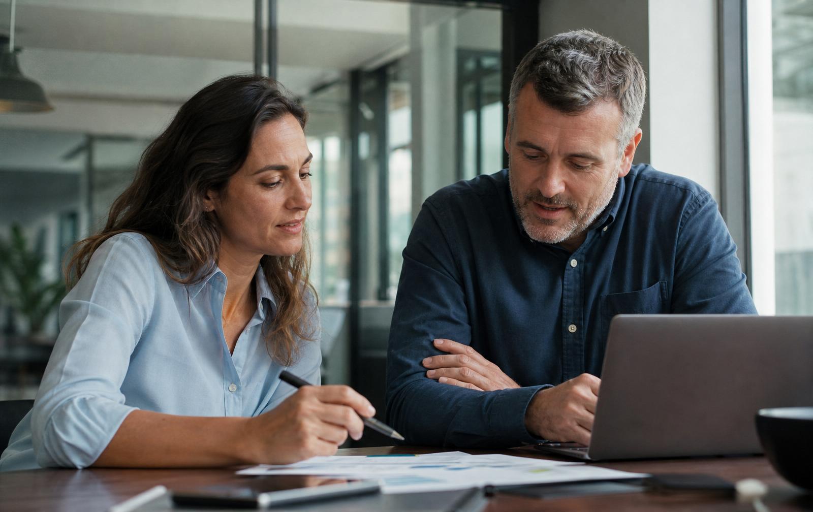 Two business professionals collaborating in a modern office meeting room, reviewing finance data on a laptop