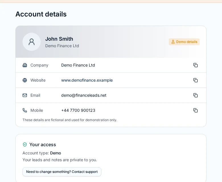 Finance Leads CRM screen