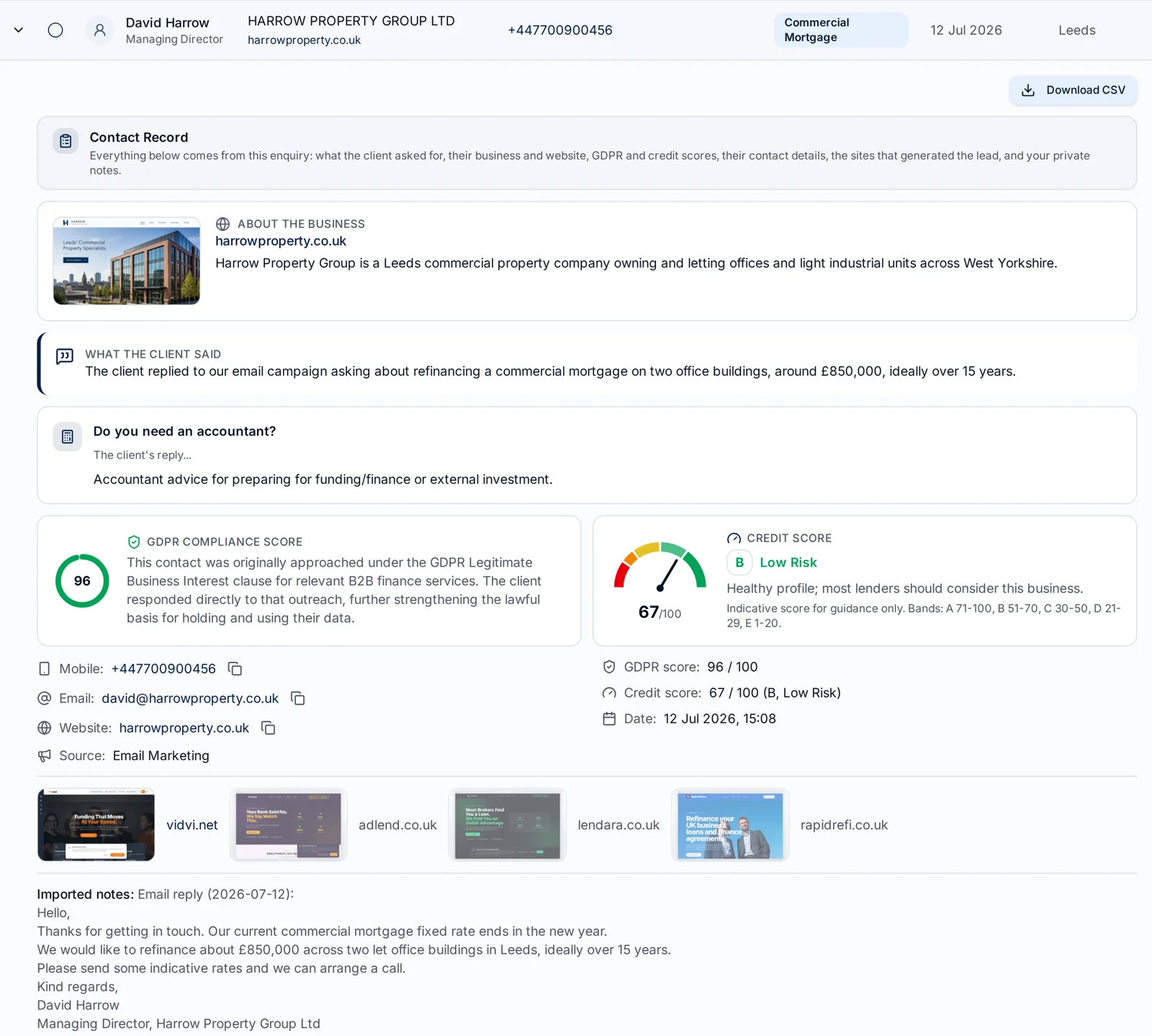 Expanded enquiry record in the Finance Leads broker CRM