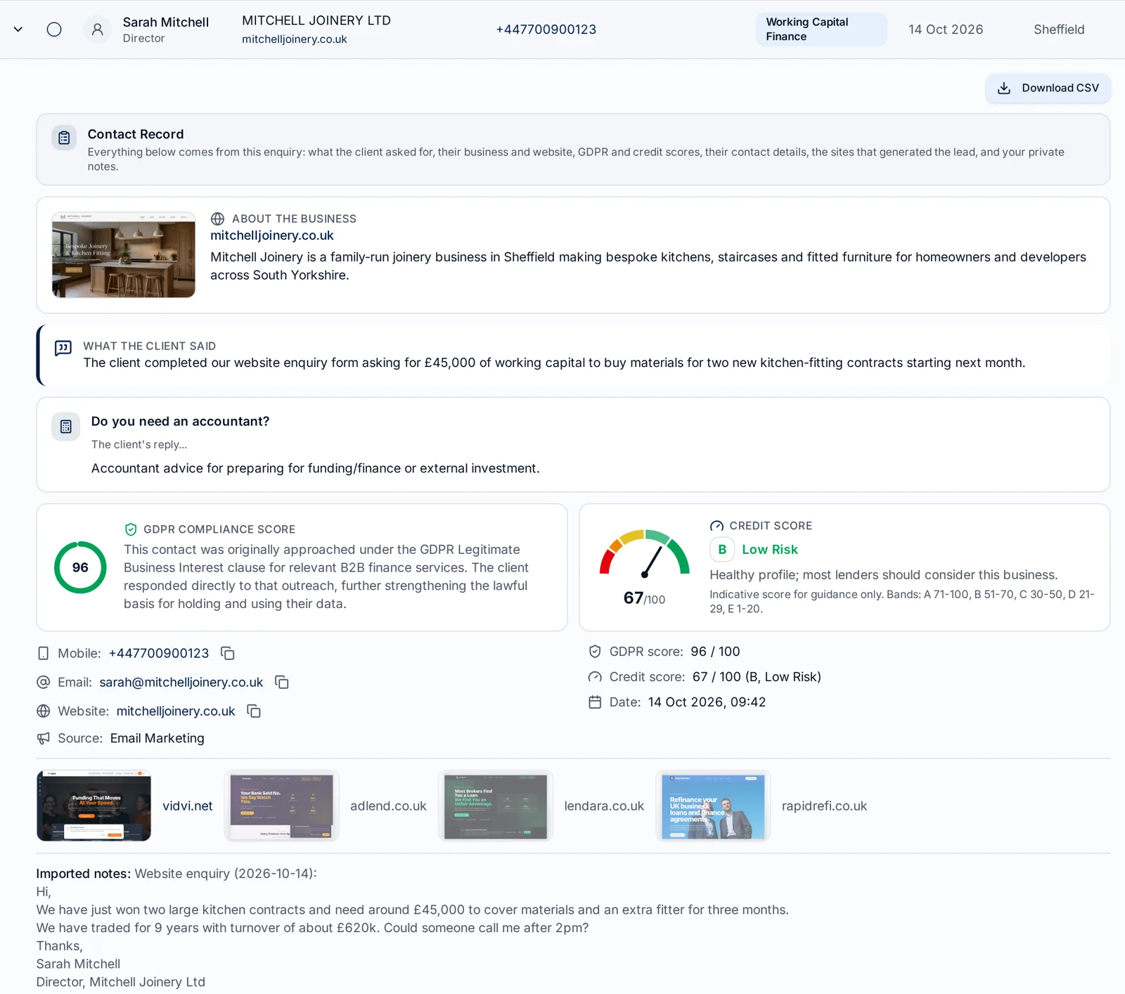 Expanded enquiry record in the Finance Leads broker CRM