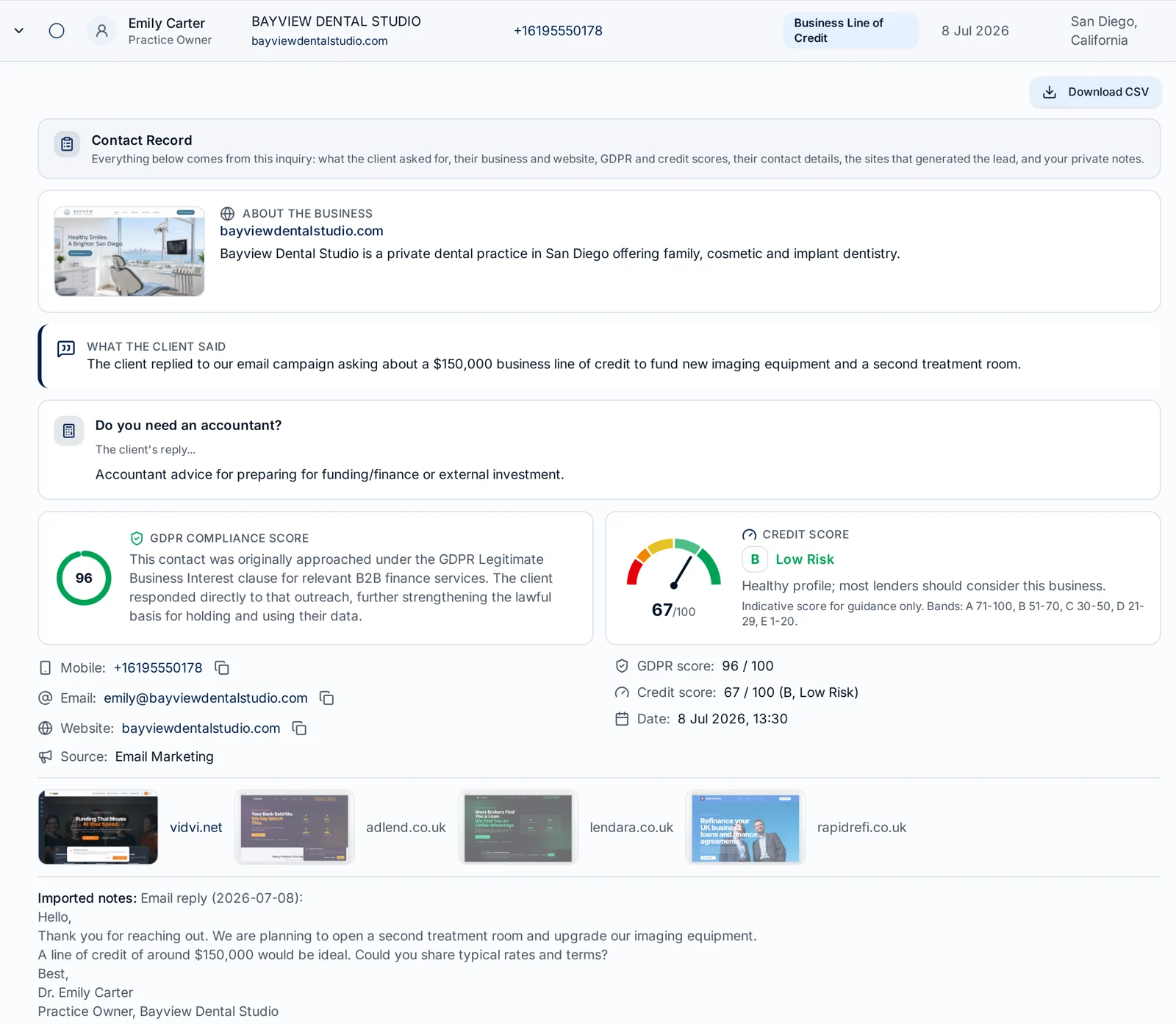 Expanded inquiry record in the Finance Leads broker CRM