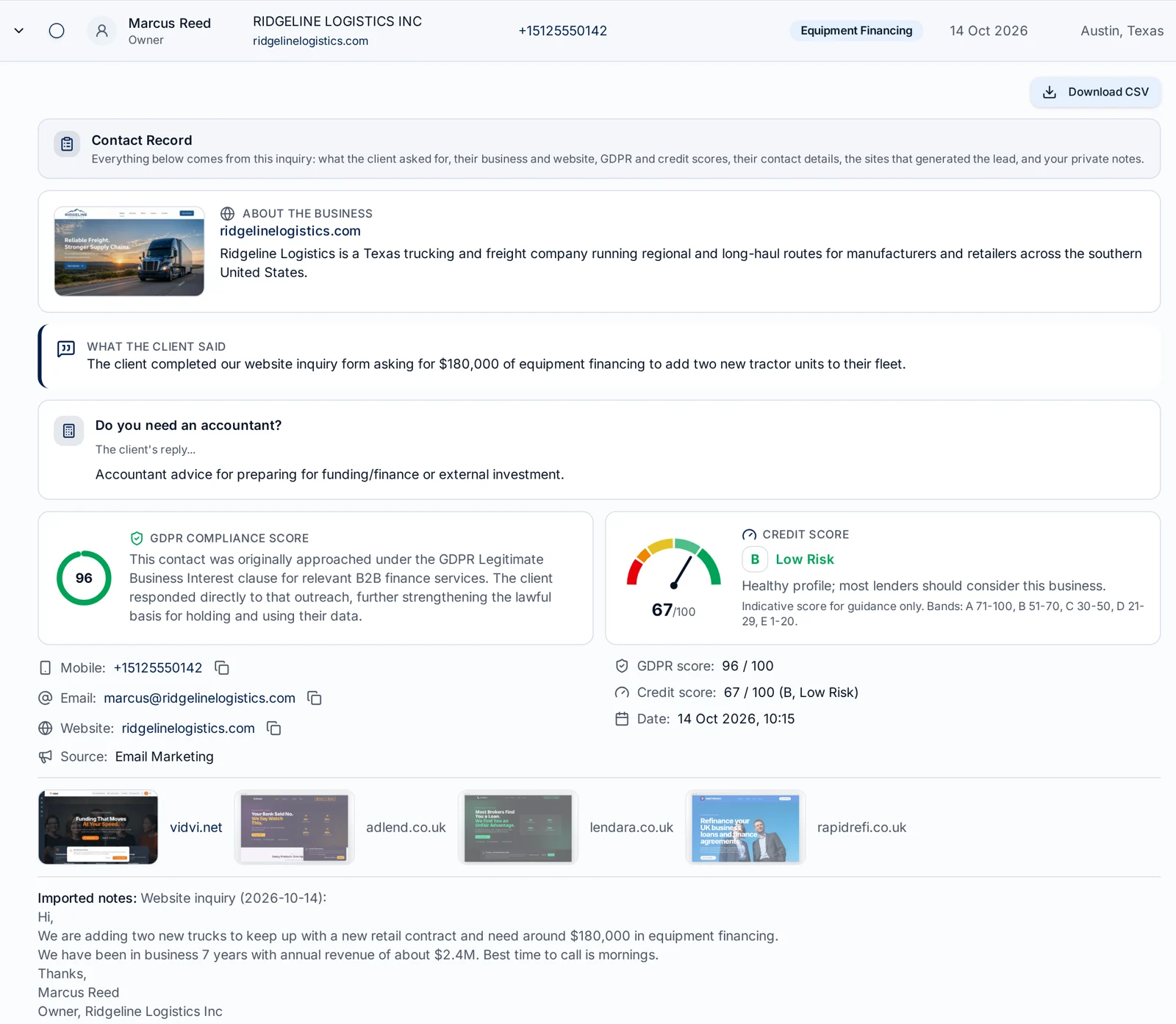 Expanded inquiry record in the Finance Leads broker CRM